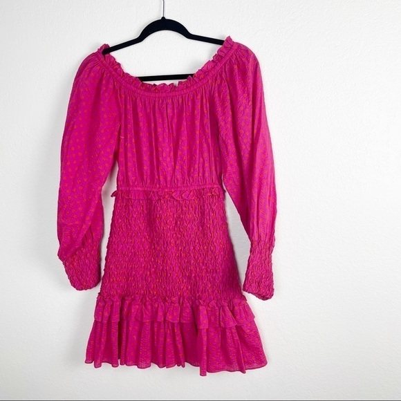 Alexis Marilena Off the Shoulder Mini Dress Pink Cotton Smocked Ruffle - Picture 3 of 6